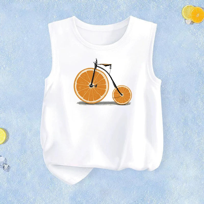 2026 Summer Breathable Vest for Kids Lemon Bicycle Design Tank Tops Thin Cotton T-Shirts Boys Girls Sleeveless
