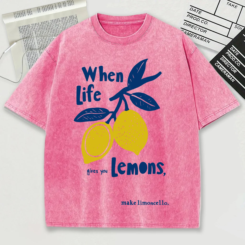 When Life Gives You Lemons Make Limoncello Washed Male T-Shirt Summer O-Neck T Shirt Unisex Soft Cotton Top Retro Short Sleeve