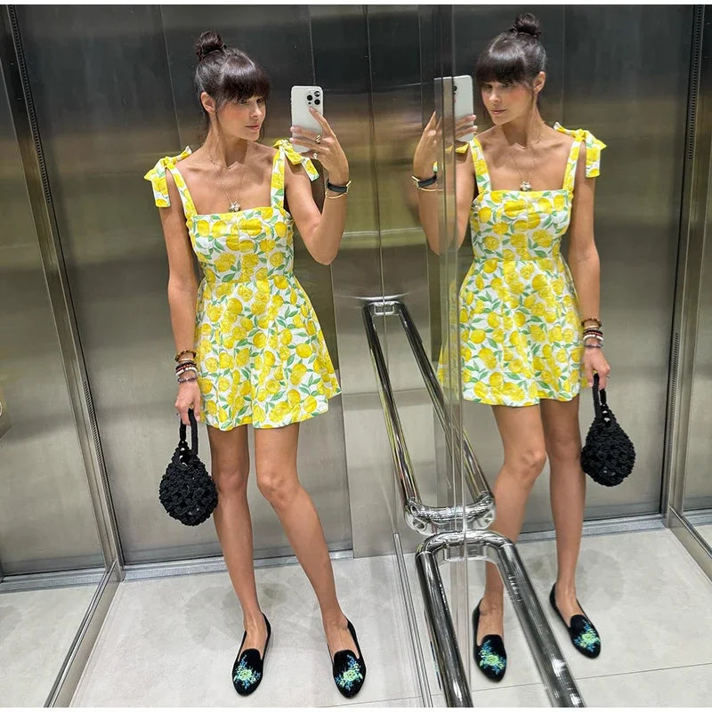 Summer Lemon Print Mini Slip Dress For Women Sweet Square Neck Sleeveless Short Beach Dress Lady Street Holiday Party Vestidos