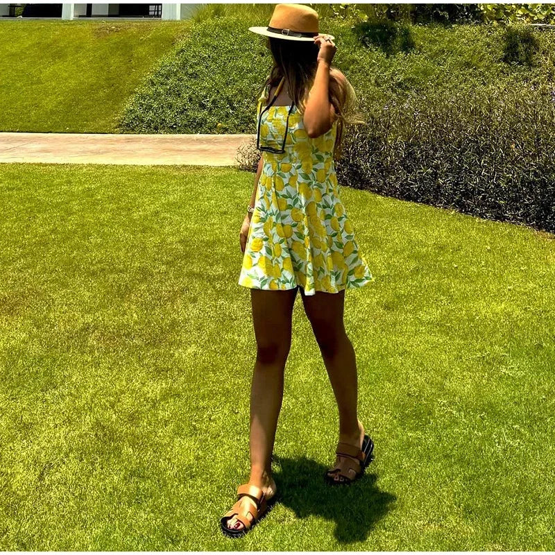 Summer Lemon Print Mini Slip Dress For Women Sweet Square Neck Sleeveless Short Beach Dress Lady Street Holiday Party Vestidos