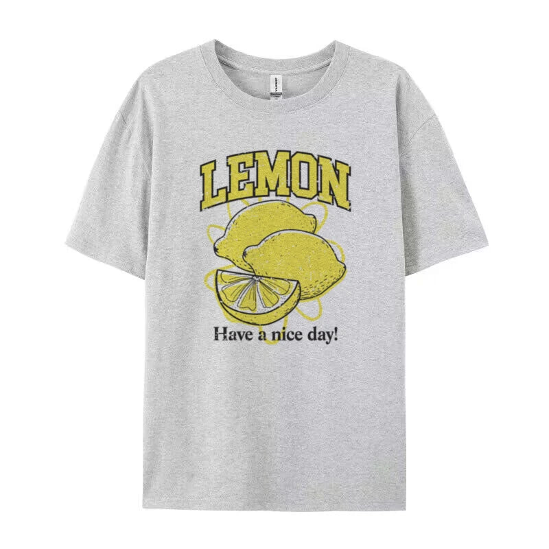 Retro Style Lemon Print T-Shirts Oversized Streetwear Graphic Tees Cute Aesthetic Fruit T Shirt Women Trendy Vintage Fashion Top