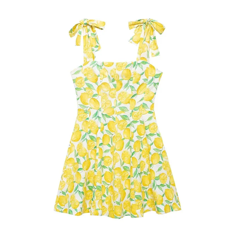 Summer Lemon Print Mini Slip Dress For Women Sweet Square Neck Sleeveless Short Beach Dress Lady Street Holiday Party Vestidos