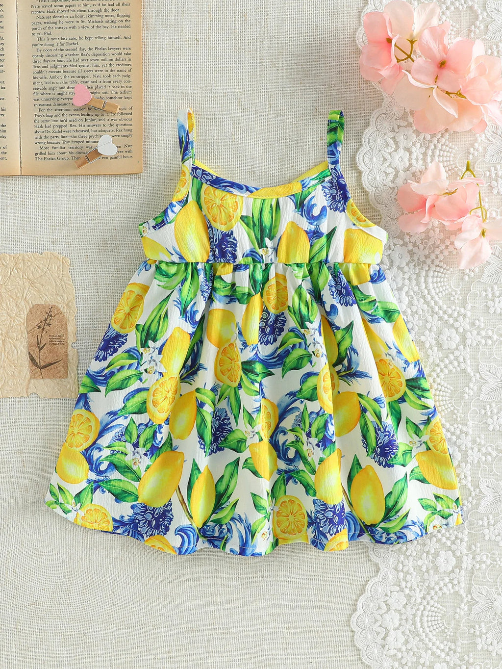 Toddler lemon print sundress with 3D bow, soft & breathable fabric, ideal for daily wear & vacation.