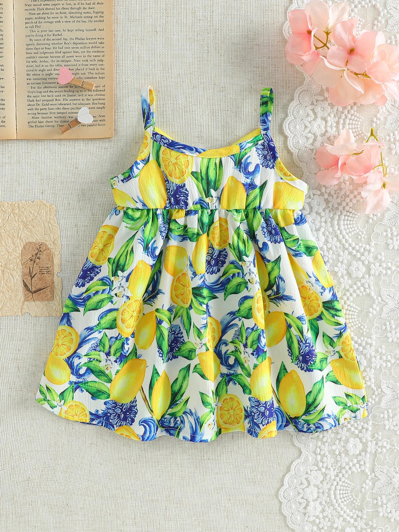 Toddler lemon print sundress with 3D bow, soft & breathable fabric, ideal for daily wear & vacation.