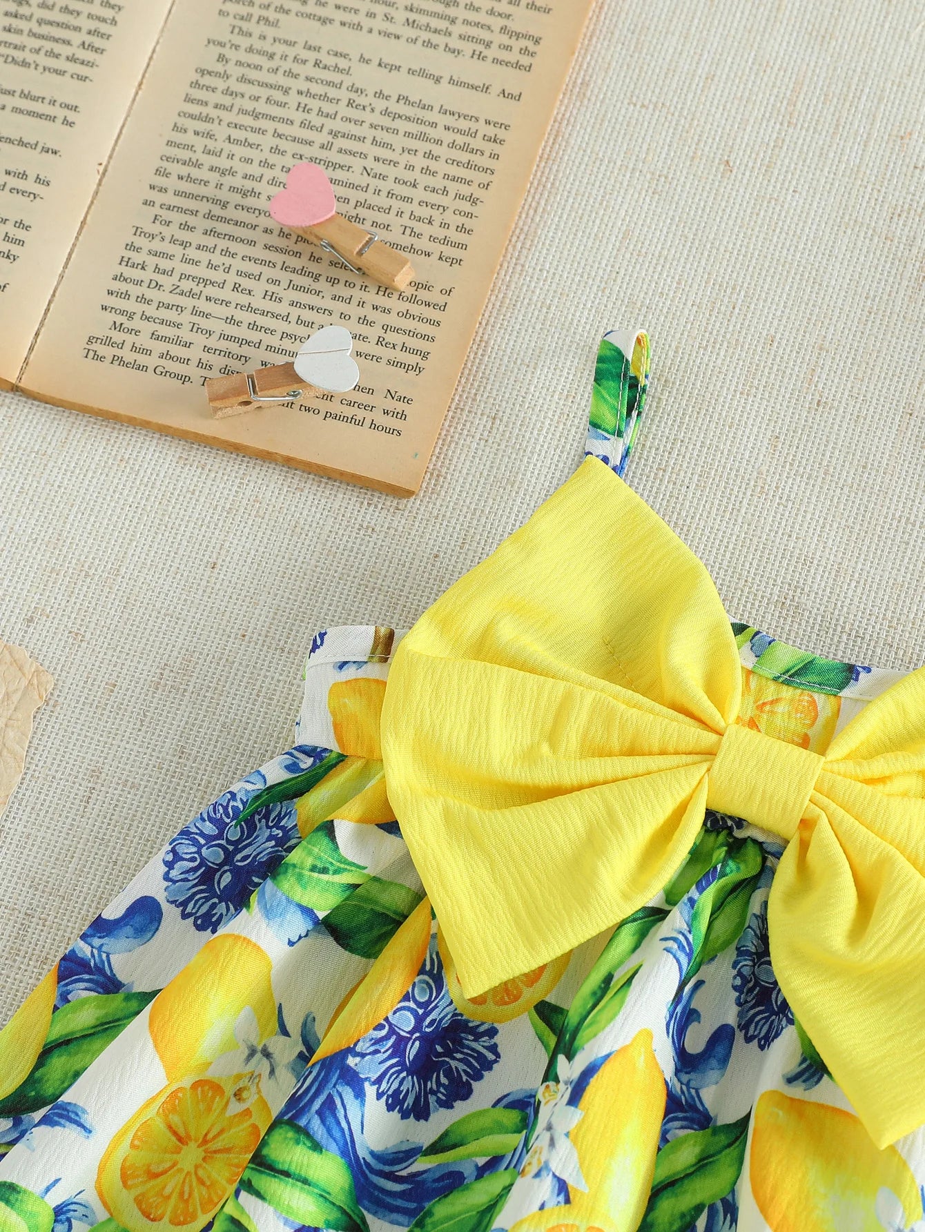 Toddler lemon print sundress with 3D bow, soft & breathable fabric, ideal for daily wear & vacation.