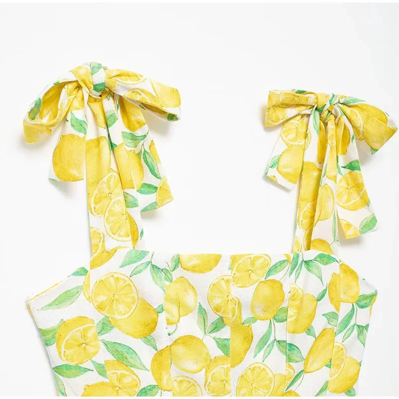 Summer Lemon Print Mini Slip Dress For Women Sweet Square Neck Sleeveless Short Beach Dress Lady Street Holiday Party Vestidos