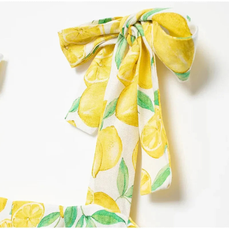 Summer Lemon Print Mini Slip Dress For Women Sweet Square Neck Sleeveless Short Beach Dress Lady Street Holiday Party Vestidos