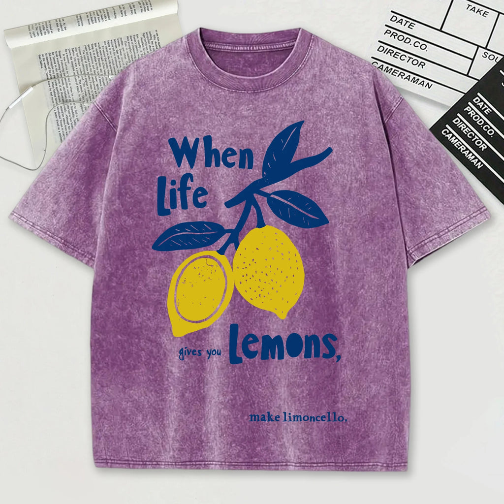 When Life Gives You Lemons Make Limoncello Washed Male T-Shirt Summer O-Neck T Shirt Unisex Soft Cotton Top Retro Short Sleeve