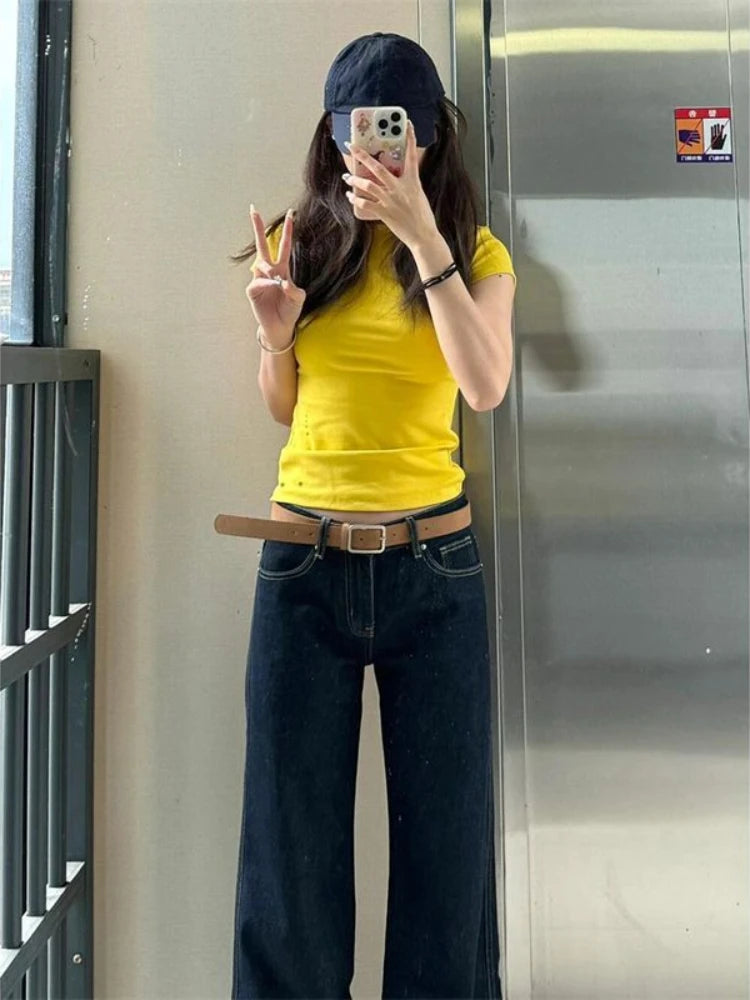Yellow Cotton Tops Woman Slim Summer Outfit T Shirt For Women Aesthetic Clothing Sale Basic Youthful Clothes Korean Reviews Yk2