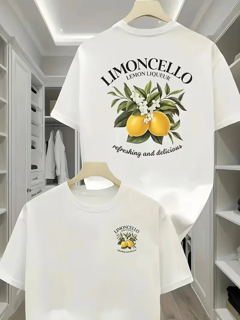 Limoncello Lemon Fruit Print T-Shirt, Casual Short Sleeve Crew Neck Summer Graphic Casual Streetwear Top Men Women Casual Tops