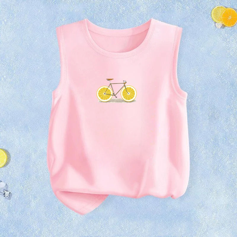 2026 Summer Breathable Vest for Kids Lemon Bicycle Design Tank Tops Thin Cotton T-Shirts Boys Girls Sleeveless