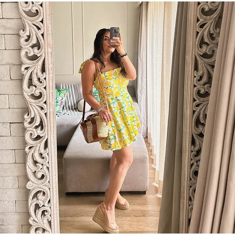 Summer Lemon Print Mini Slip Dress For Women Sweet Square Neck Sleeveless Short Beach Dress Lady Street Holiday Party Vestidos