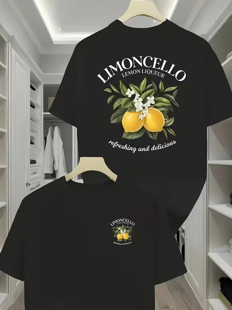 Limoncello Lemon Fruit Print T-Shirt, Casual Short Sleeve Crew Neck Summer Graphic Casual Streetwear Top Men Women Casual Tops