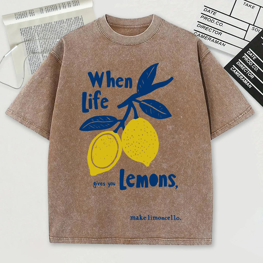 When Life Gives You Lemons Make Limoncello Washed Male T-Shirt Summer O-Neck T Shirt Unisex Soft Cotton Top Retro Short Sleeve