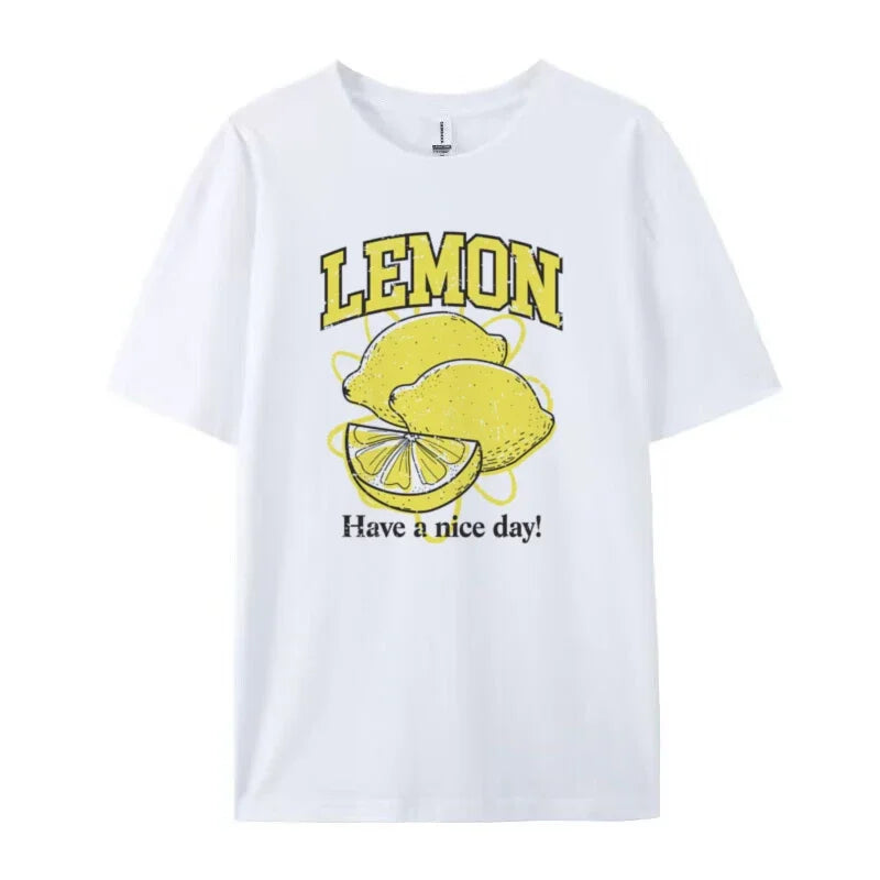 Retro Style Lemon Print T-Shirts Oversized Streetwear Graphic Tees Cute Aesthetic Fruit T Shirt Women Trendy Vintage Fashion Top