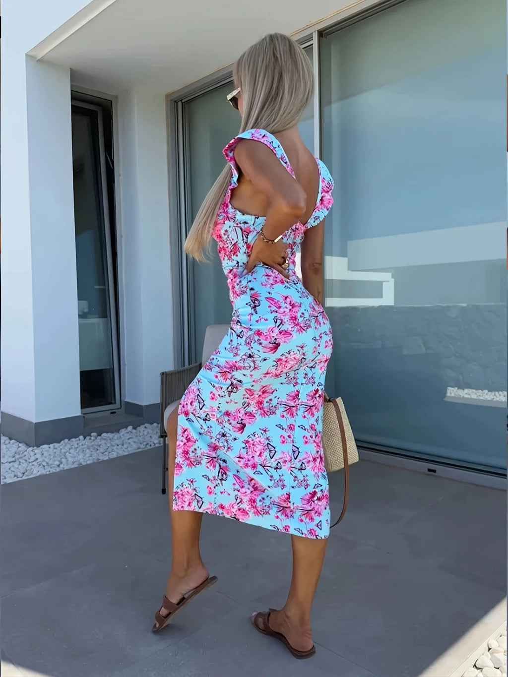 Women's Lemon Print Dress Square Neck Slit Hem Bow Straps Ideal for Summer Vacations Beach Outings Citrus Inspired Styles