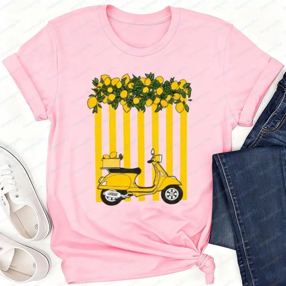 Women's Lemon Scooter Graphic T-Shirt Casual Summer Yellow Striped Print Tee Aesthetic Cotton Tops for Vacation Daily Wear Tops