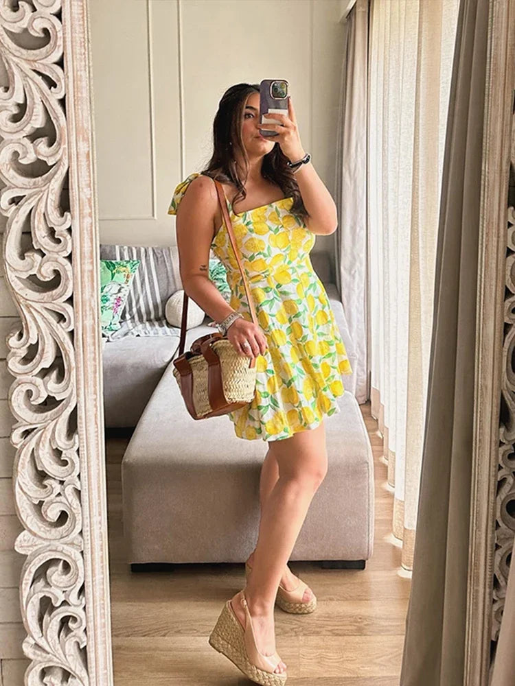 Summer Lemon Print Mini Slip Dress For Women Sweet Square Neck Sleeveless Short Beach Dress Lady Street Holiday Party Vestidos