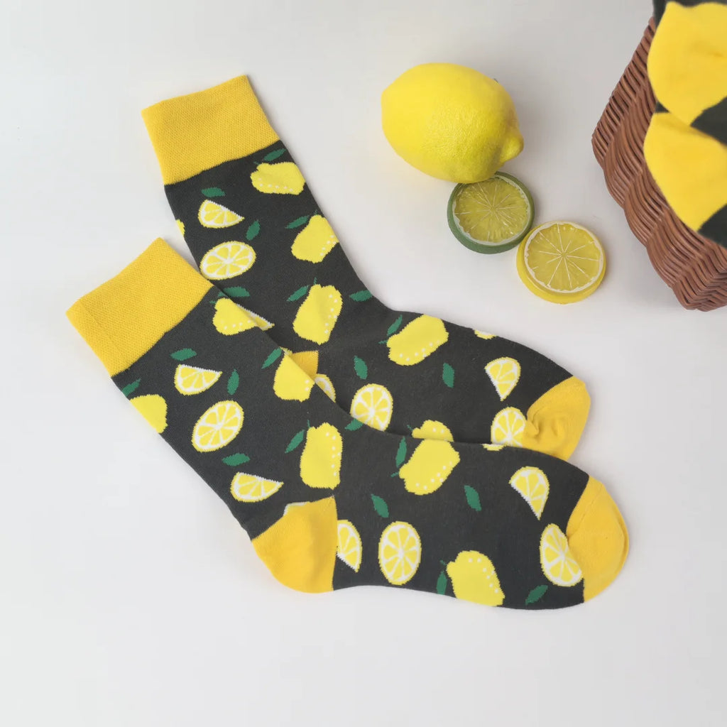1 Pair/2 Pairs Women's Lemon Print Mid-Calf Socks - Breathable And Soft Fabric,  Everyday Comfortable Footwear