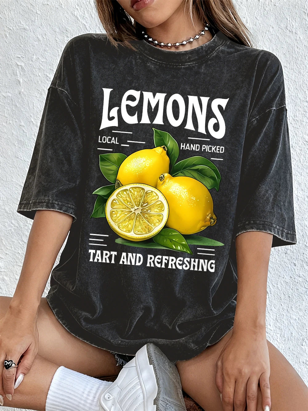 Lemons Local Hand Pickedprints Washed T-Shirts Women Cotton Oversize Tops Comfortable Distressed O-Neck T Shirt Summer Clothes