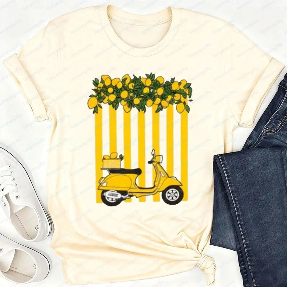 Women's Lemon Scooter Graphic T-Shirt Casual Summer Yellow Striped Print Tee Aesthetic Cotton Tops for Vacation Daily Wear Tops
