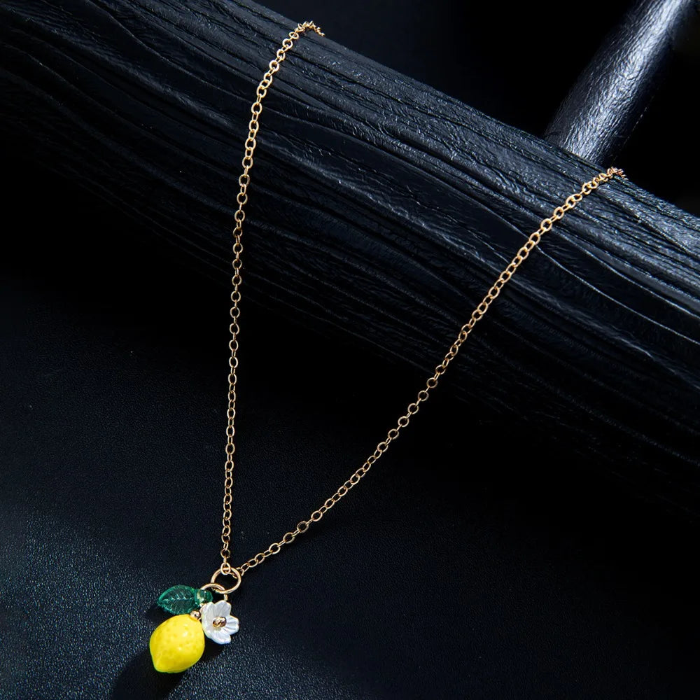 Fashion Cute Yellow Fruit Lemon Little Flower Green Leaf Pendant Metal Chain Adjustable Necklace for Women Summer Jewelry Gifts