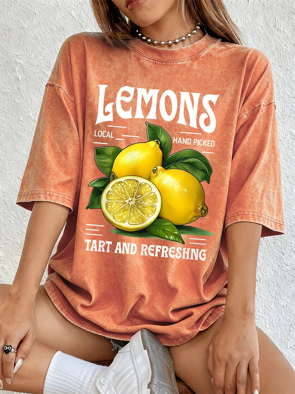 Lemons Local Hand Pickedprints Washed T-Shirts Women Cotton Oversize Tops Comfortable Distressed O-Neck T Shirt Summer Clothes
