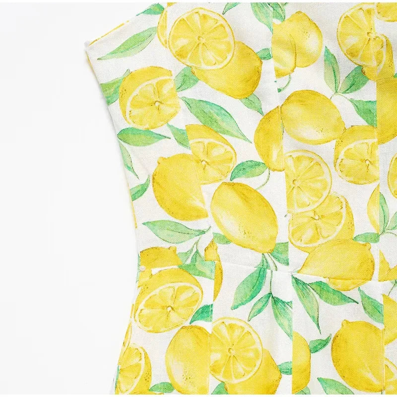 Summer Lemon Print Mini Slip Dress For Women Sweet Square Neck Sleeveless Short Beach Dress Lady Street Holiday Party Vestidos