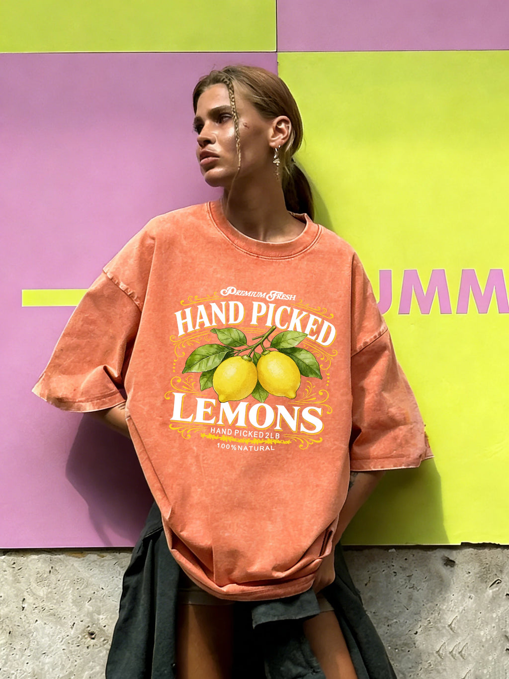 Hand Picked Fresh Lemons Print Women Washed T-Shirt O-Neck Casual T Shirts Cotton Breathable Clothes Summer Loose Short Sleeves