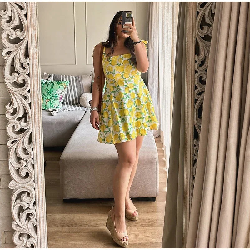 Summer Lemon Print Mini Slip Dress For Women Sweet Square Neck Sleeveless Short Beach Dress Lady Street Holiday Party Vestidos