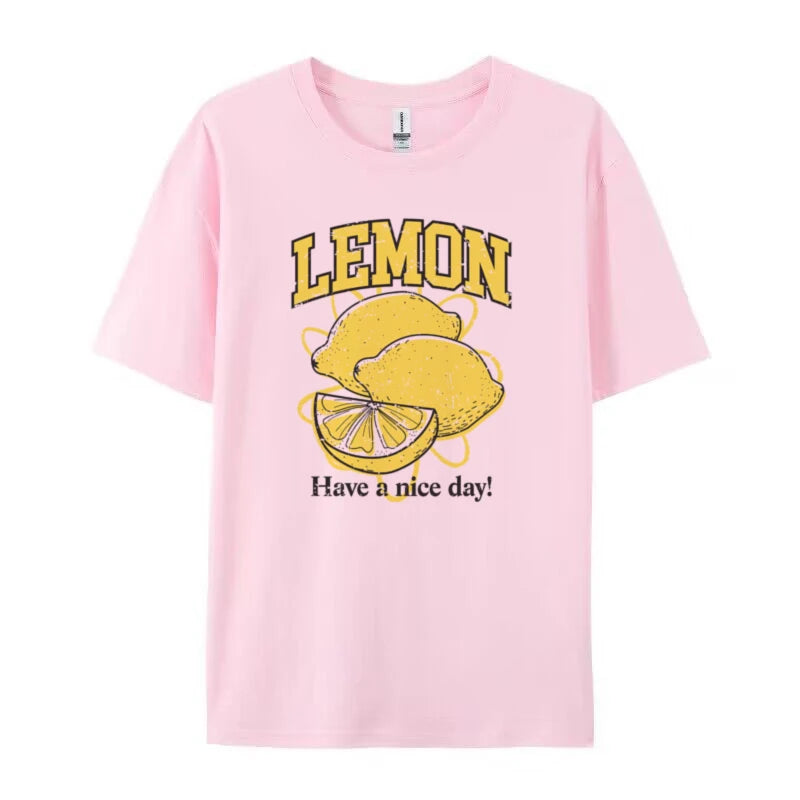 Retro Style Lemon Print T-Shirts Oversized Streetwear Graphic Tees Cute Aesthetic Fruit T Shirt Women Trendy Vintage Fashion Top