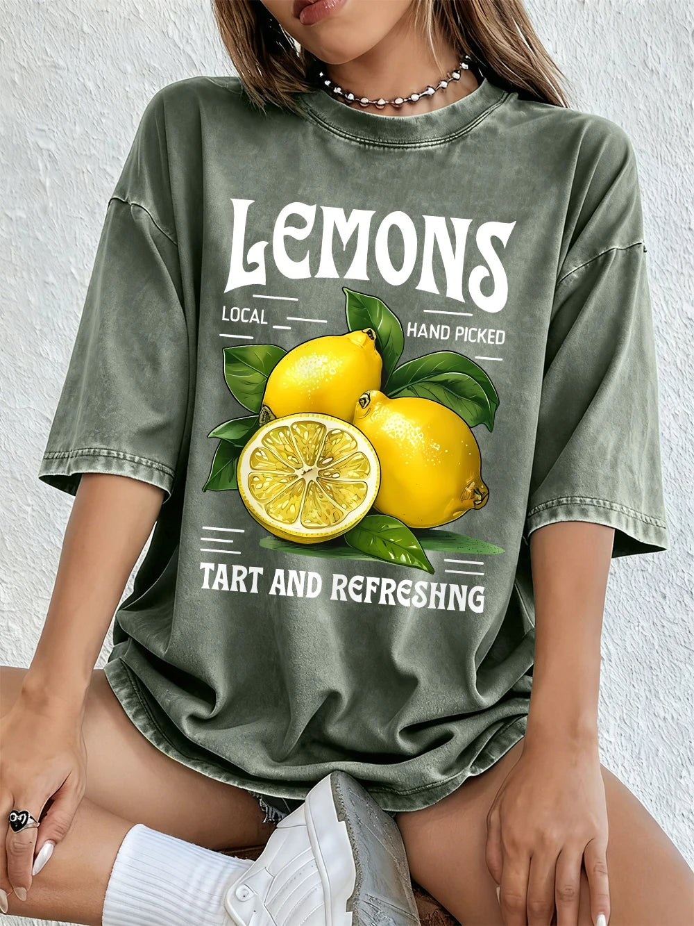 Lemons Local Hand Pickedprints Washed T-Shirts Women Cotton Oversize Tops Comfortable Distressed O-Neck T Shirt Summer Clothes