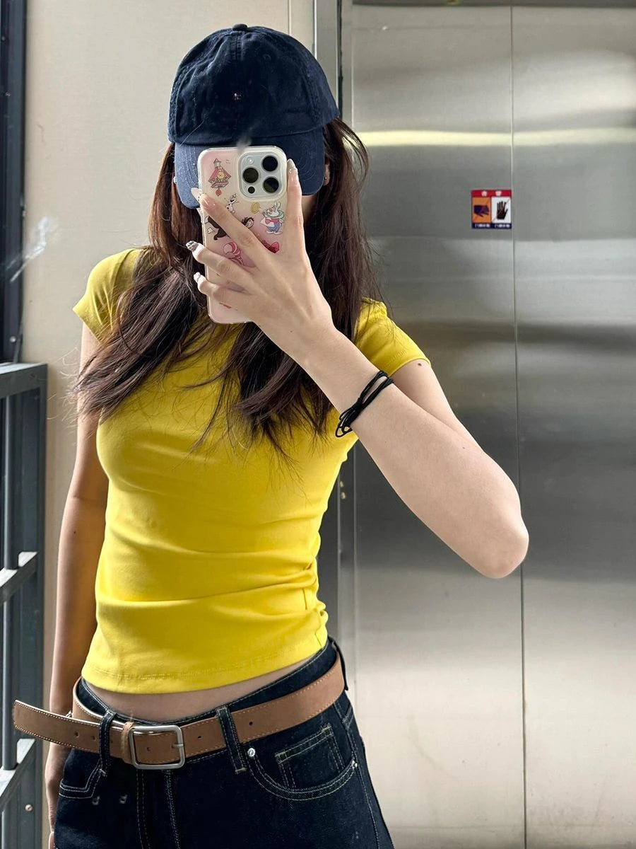 Yellow Cotton Tops Woman Slim Summer Outfit T Shirt For Women Aesthetic Clothing Sale Basic Youthful Clothes Korean Reviews Yk2