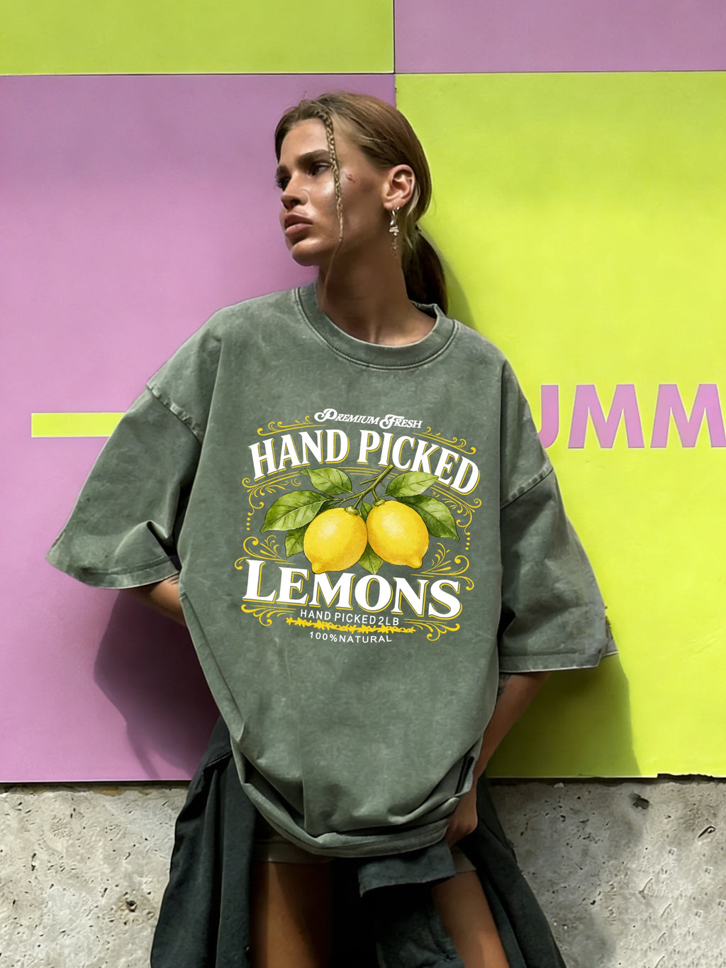Hand Picked Fresh Lemons Print Women Washed T-Shirt O-Neck Casual T Shirts Cotton Breathable Clothes Summer Loose Short Sleeves