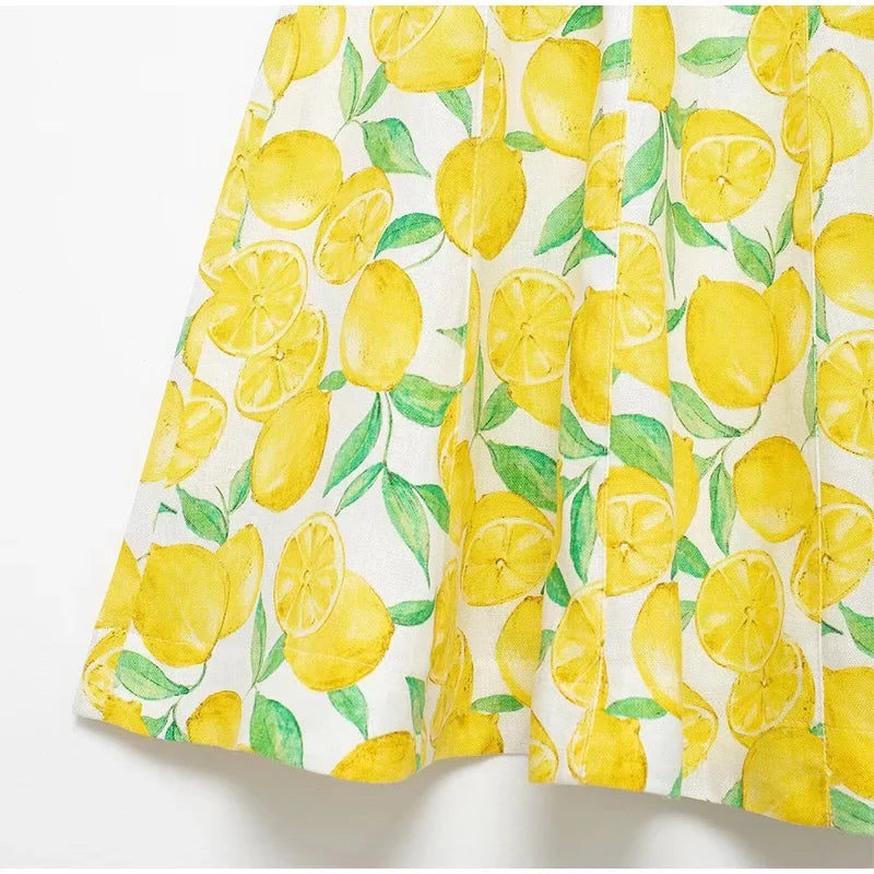 Summer Lemon Print Mini Slip Dress For Women Sweet Square Neck Sleeveless Short Beach Dress Lady Street Holiday Party Vestidos