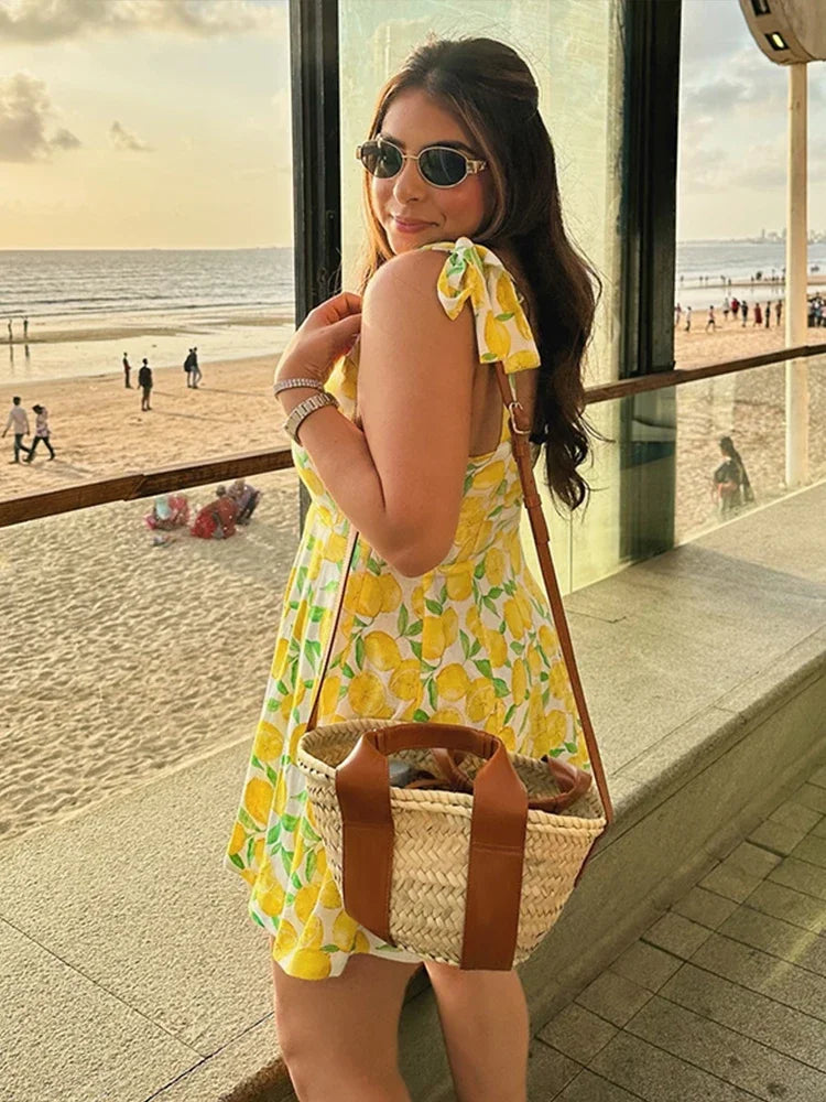 Summer Lemon Print Mini Slip Dress For Women Sweet Square Neck Sleeveless Short Beach Dress Lady Street Holiday Party Vestidos