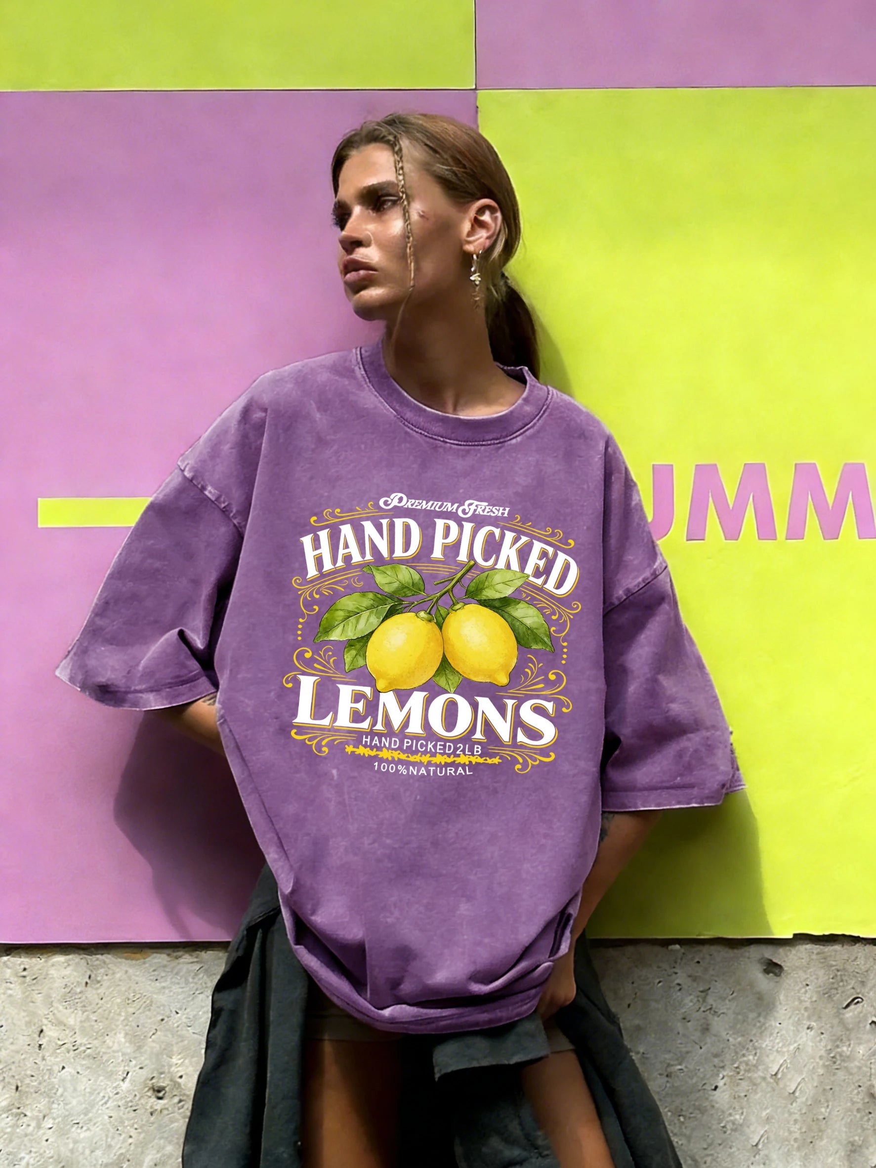 Hand Picked Fresh Lemons Print Women Washed T-Shirt O-Neck Casual T Shirts Cotton Breathable Clothes Summer Loose Short Sleeves