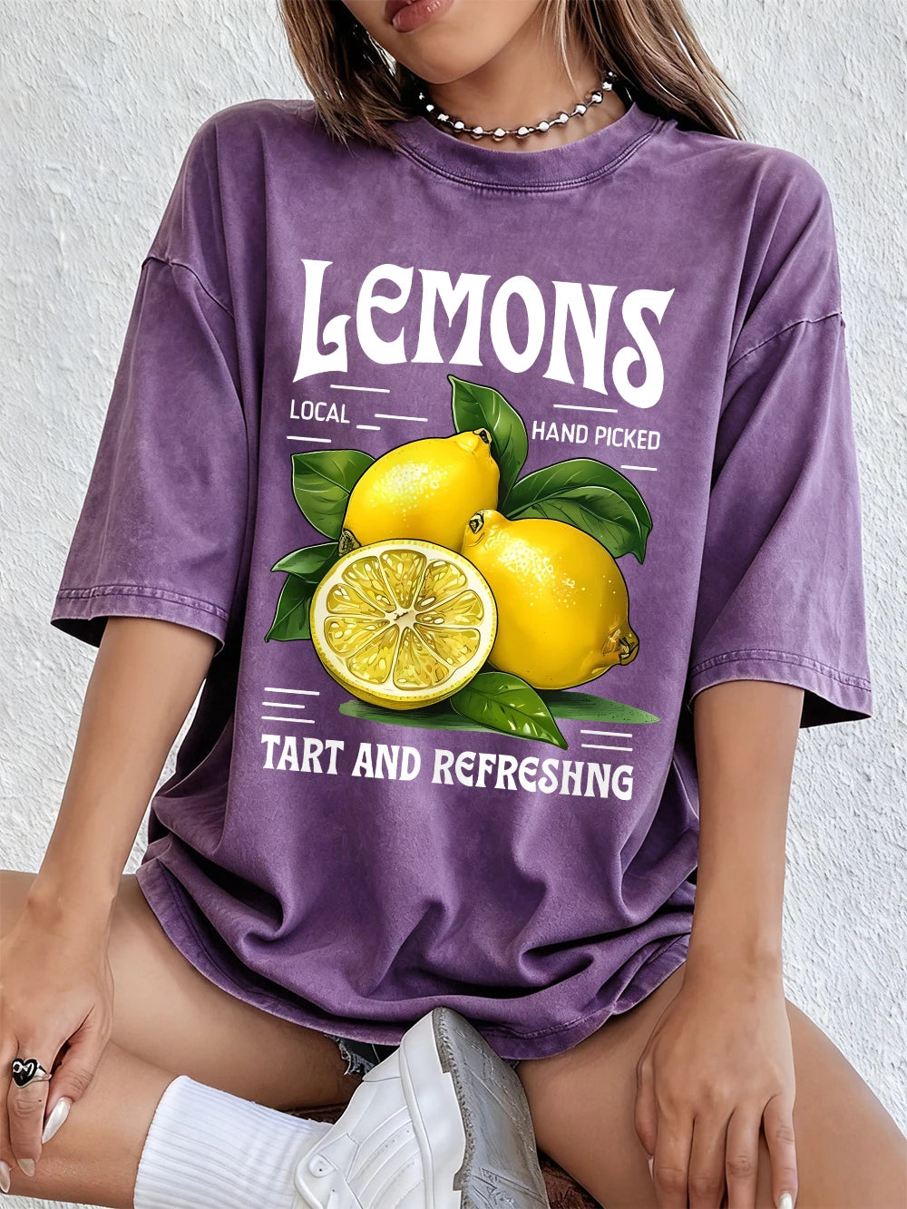 Lemons Local Hand Pickedprints Washed T-Shirts Women Cotton Oversize Tops Comfortable Distressed O-Neck T Shirt Summer Clothes