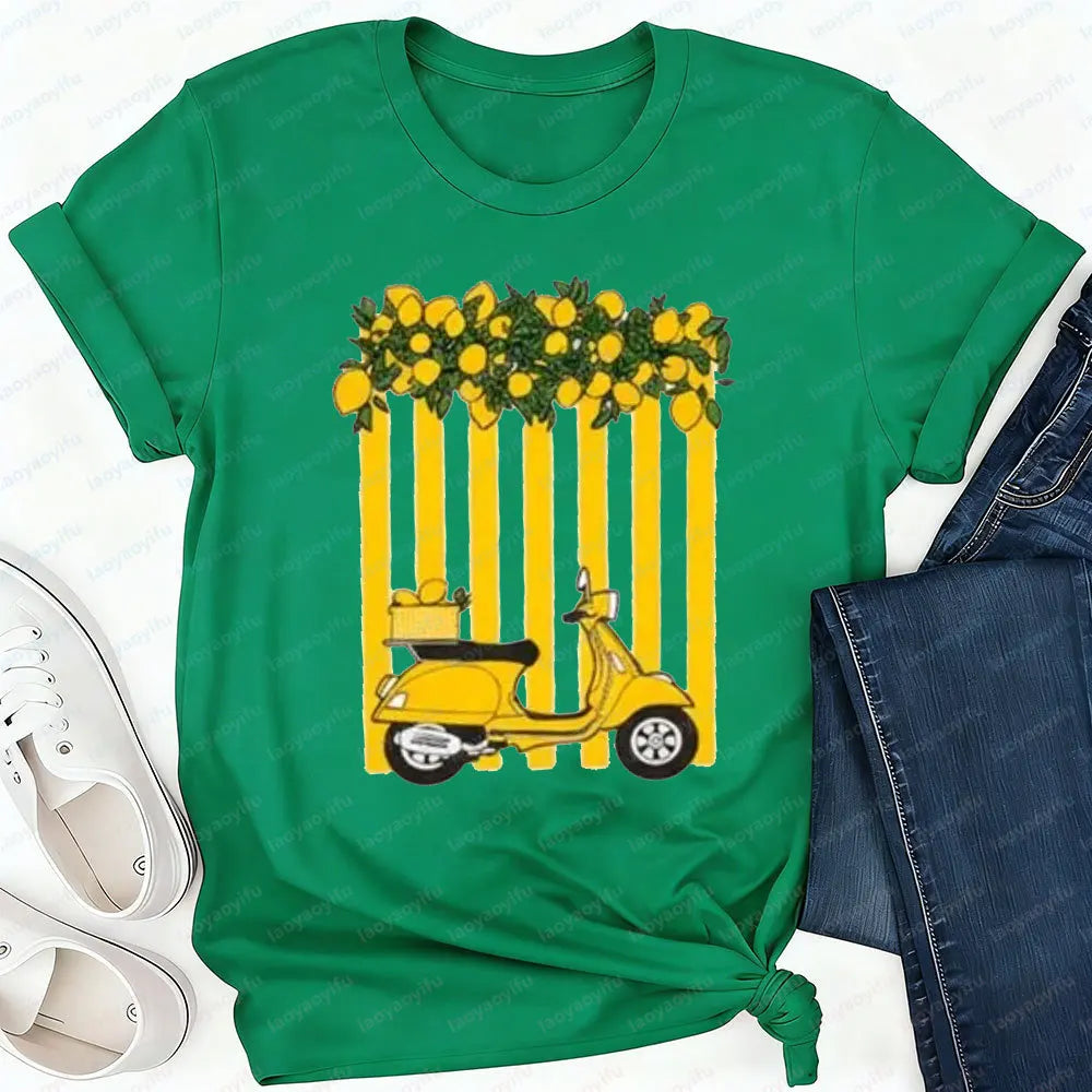 Women's Lemon Scooter Graphic T-Shirt Casual Summer Yellow Striped Print Tee Aesthetic Cotton Tops for Vacation Daily Wear Tops
