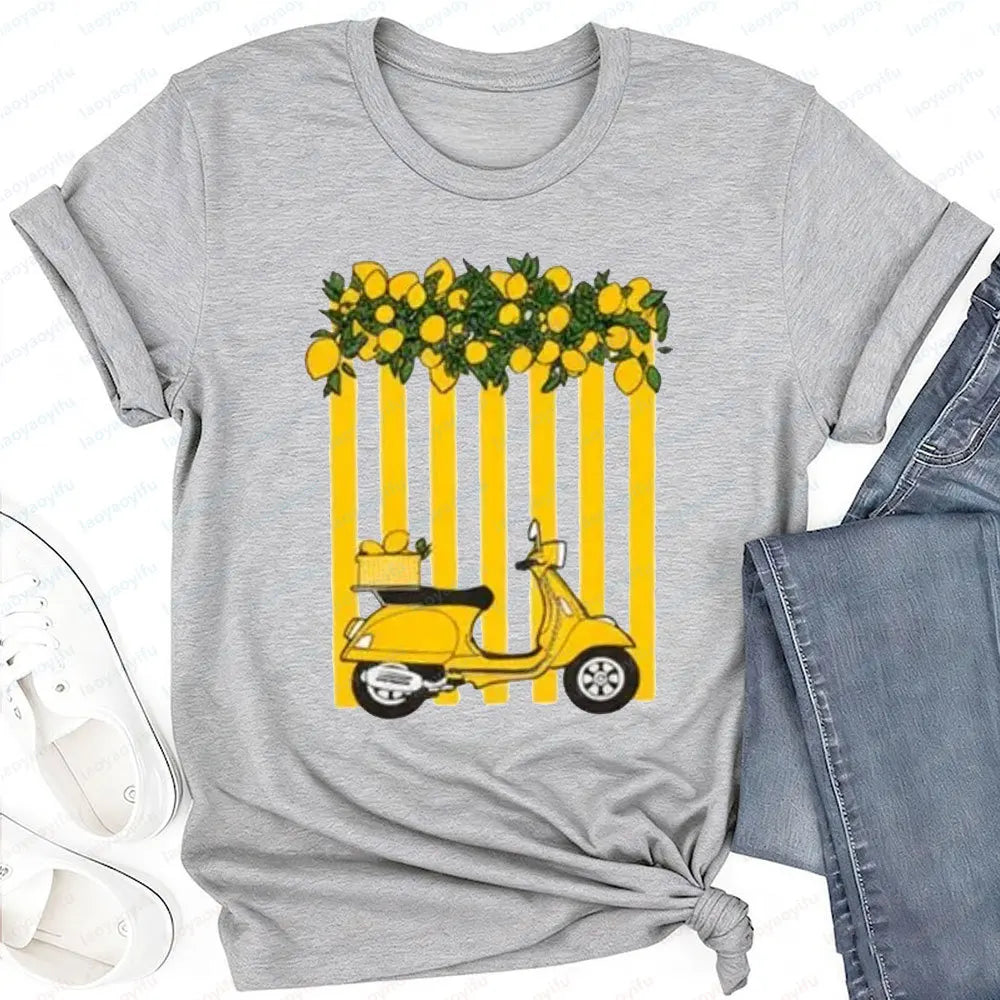 Women's Lemon Scooter Graphic T-Shirt Casual Summer Yellow Striped Print Tee Aesthetic Cotton Tops for Vacation Daily Wear Tops