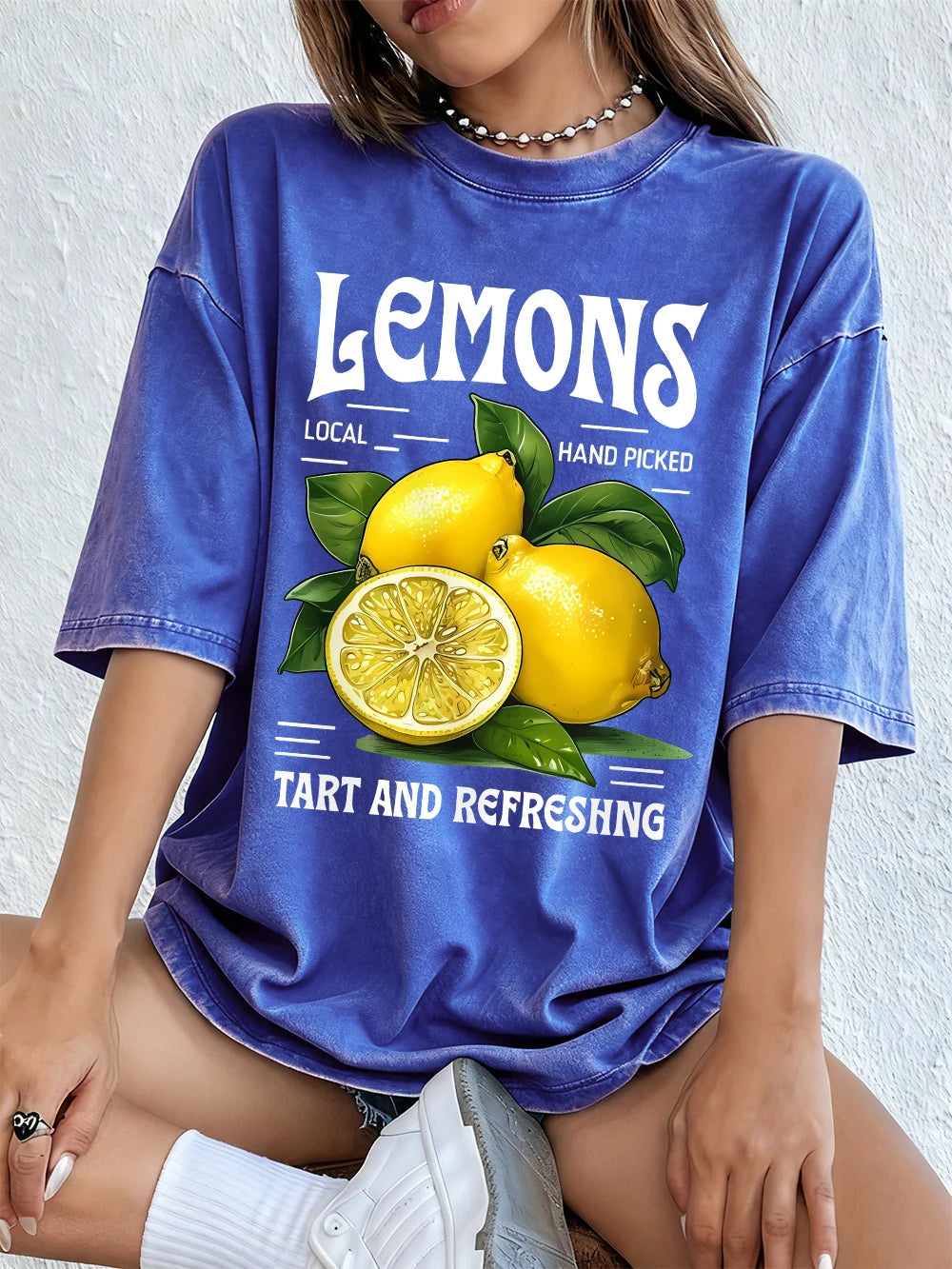 Lemons Local Hand Pickedprints Washed T-Shirts Women Cotton Oversize Tops Comfortable Distressed O-Neck T Shirt Summer Clothes