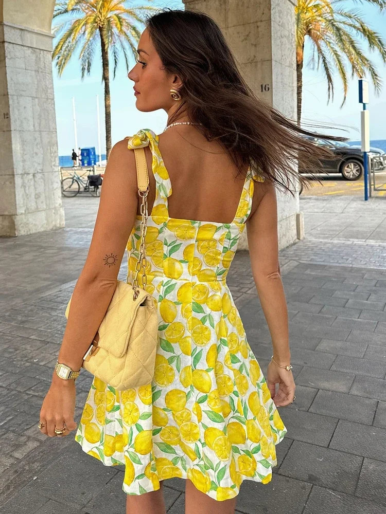 Summer Lemon Print Mini Slip Dress For Women Sweet Square Neck Sleeveless Short Beach Dress Lady Street Holiday Party Vestidos