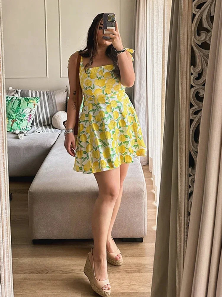 Summer Lemon Print Mini Slip Dress For Women Sweet Square Neck Sleeveless Short Beach Dress Lady Street Holiday Party Vestidos