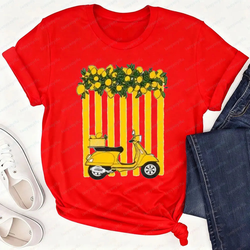 Women's Lemon Scooter Graphic T-Shirt Casual Summer Yellow Striped Print Tee Aesthetic Cotton Tops for Vacation Daily Wear Tops