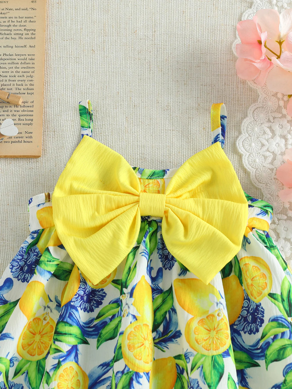 Toddler lemon print sundress with 3D bow, soft & breathable fabric, ideal for daily wear & vacation.
