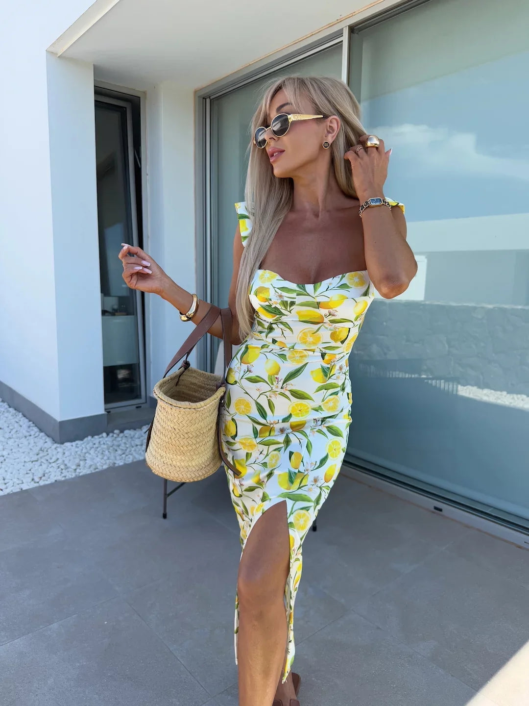 Women's Lemon Print Dress Square Neck Slit Hem Bow Straps Ideal for Summer Vacations Beach Outings Citrus Inspired Styles