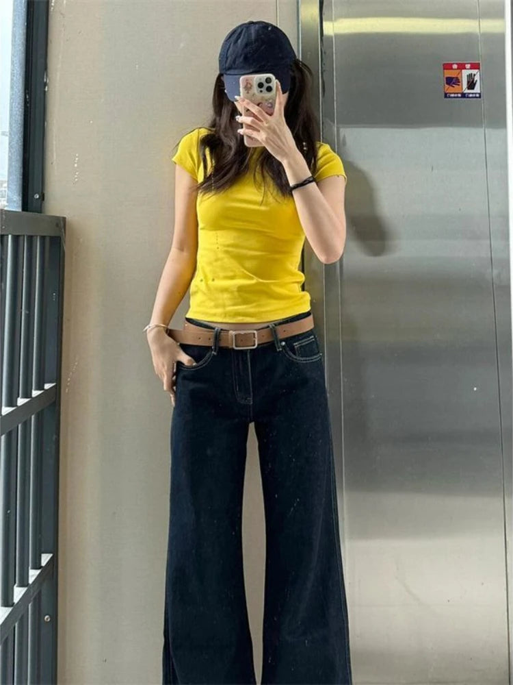 Yellow Cotton Tops Woman Slim Summer Outfit T Shirt For Women Aesthetic Clothing Sale Basic Youthful Clothes Korean Reviews Yk2