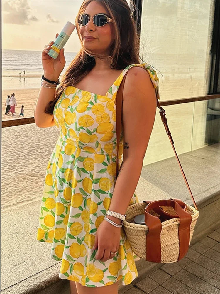 Summer Lemon Print Mini Slip Dress For Women Sweet Square Neck Sleeveless Short Beach Dress Lady Street Holiday Party Vestidos