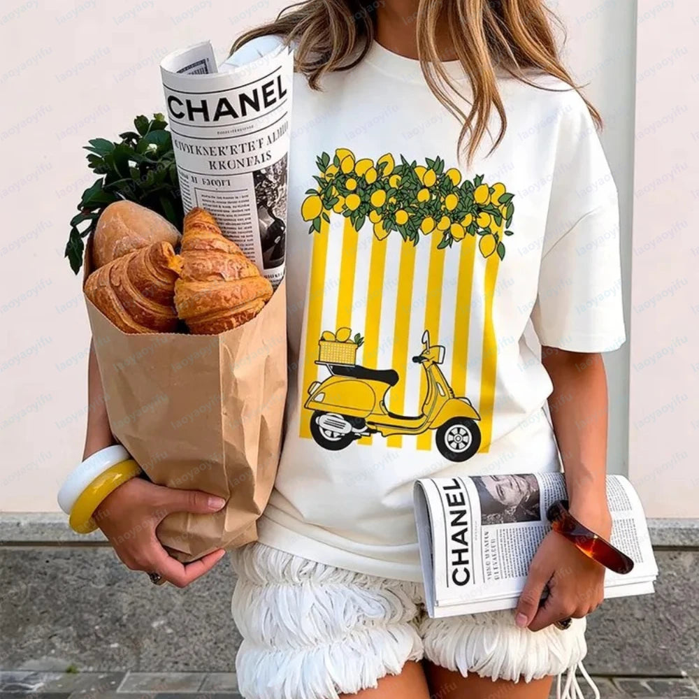 Women's Lemon Scooter Graphic T-Shirt Casual Summer Yellow Striped Print Tee Aesthetic Cotton Tops for Vacation Daily Wear Tops