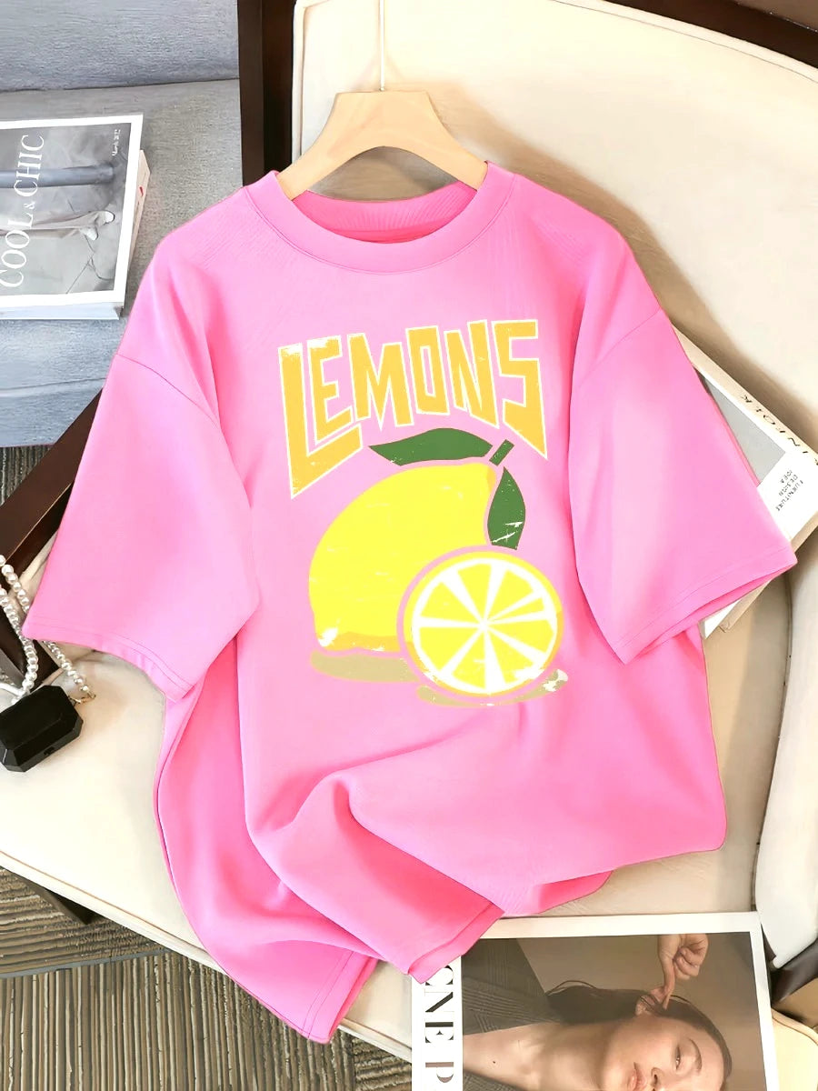 Women's Fresh Lemon Fruit Printed T-shirt Casual Comfortable Short Sleeve T-shirts Breathable Cartoon Round Neck Summer Clothing